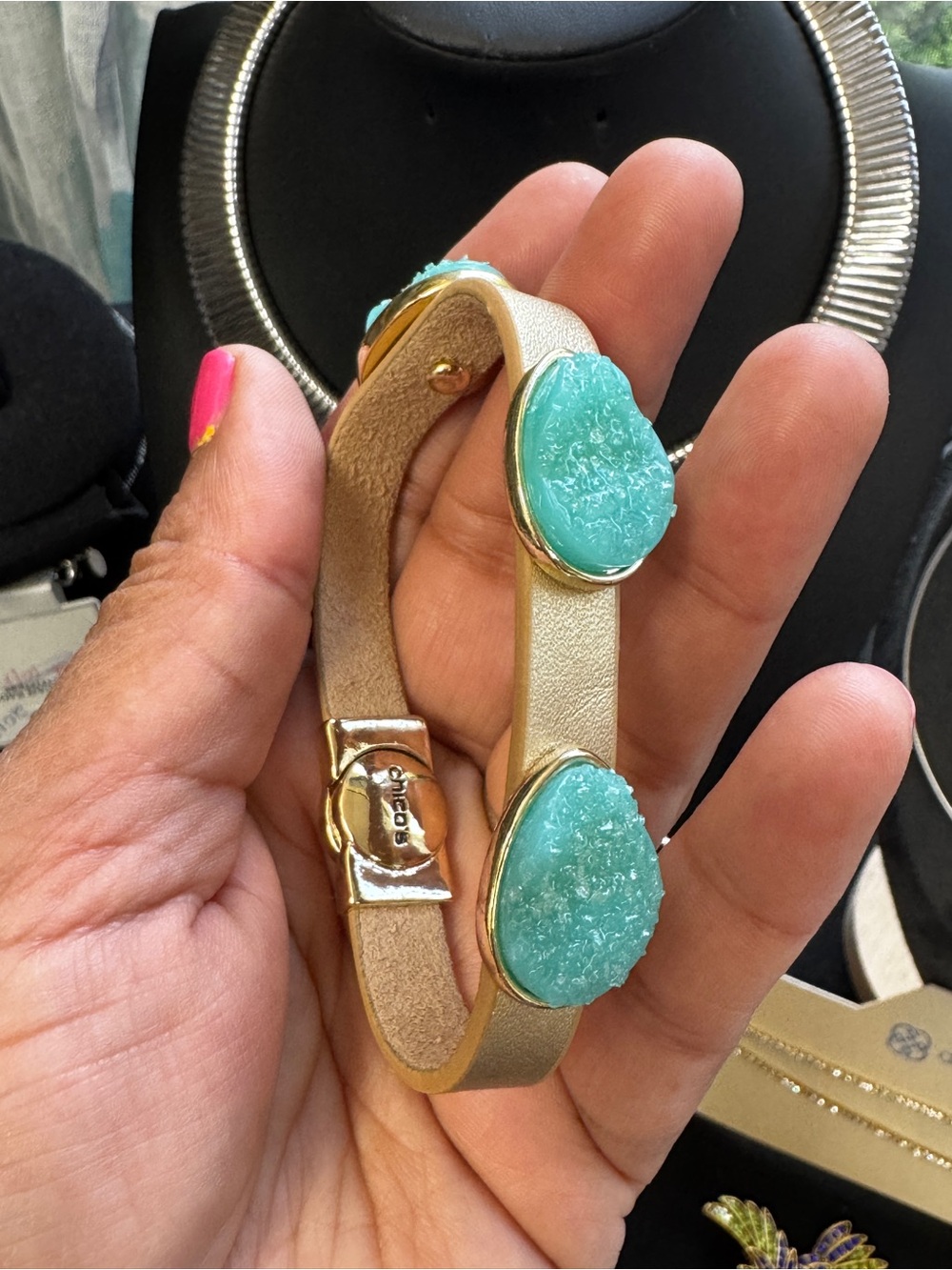 Chico's Gold Leather Bracelet with Turquoise Druzy Stones